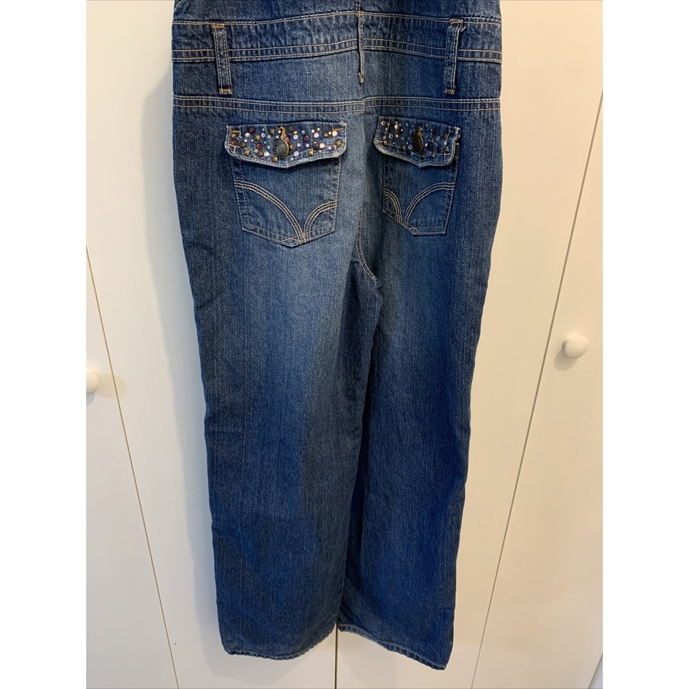 VTG Squeeze Kids Blue Denim Jean Overalls Girls LARGE 12/14 ~ RHINESTONES - Picture 7 of 9